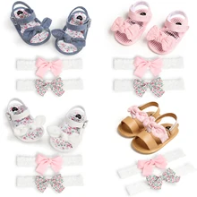 

pudcoco 2022 Baby Girl\u2019s Cotton Toddler Shoes and 2Pcs Headband Children Floral Stripe Soft Sole Sandals