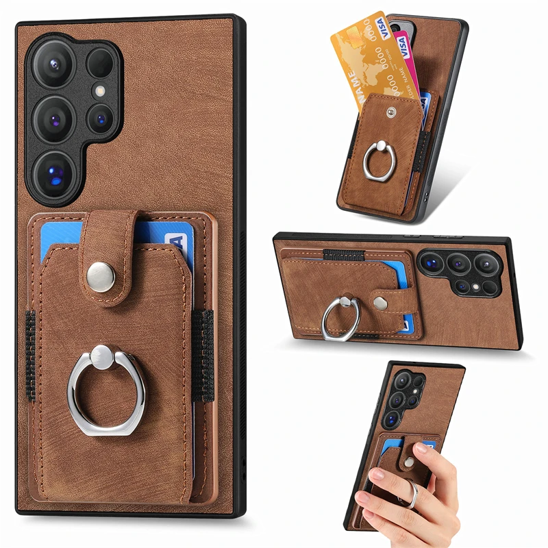 Luxury Leather Magnetic Wallet Case with Ring Stand and Card Slots