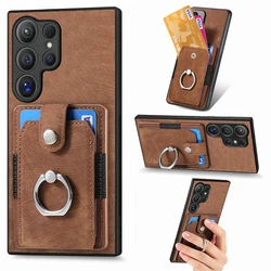 Luxury Leather Magnetic Wallet Case with Ring Stand and Card Slots - Samsung S24 Plus (D2 - Brown)
