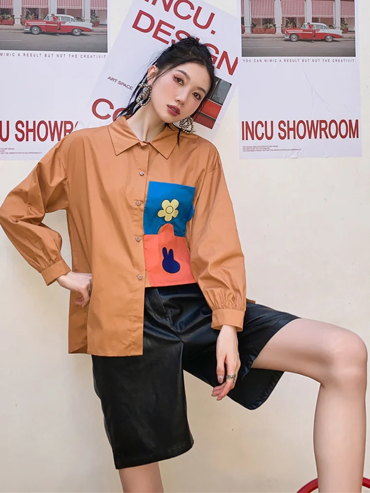 

Cartoon Patch Puff Sleeve Flower Shirt Women's 2022 Autumn New Asymmetric Casual Top Female Chic Clothing M996