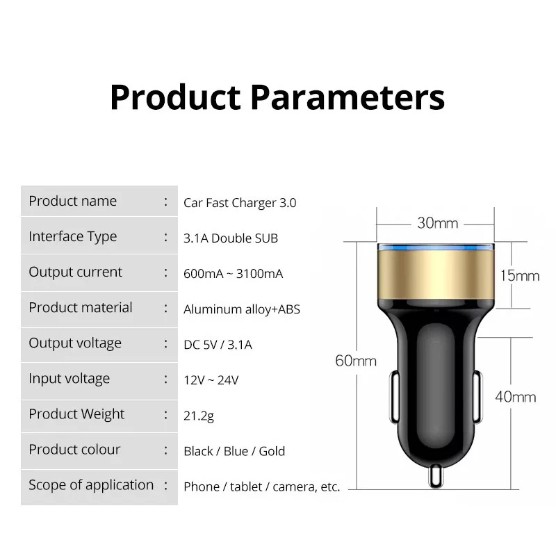 5V 3.1A Fast Car Charger Dual USB QC Adapter Cigarette Lighter LED Voltmeter for All Types Of Mobile Cell Phones Quick Charge