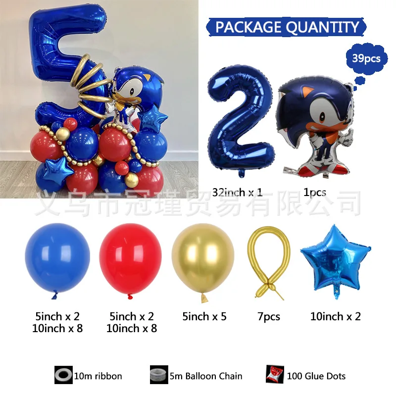 thumbnail image 1 of 39 piezas de globos de aluminio con temática de Sonic The Hedgehog, globos de números azules para cumpleaños, juego de dibujos animados, decoraciones para fiestas de cumpleaños infantiles, 1 of 5