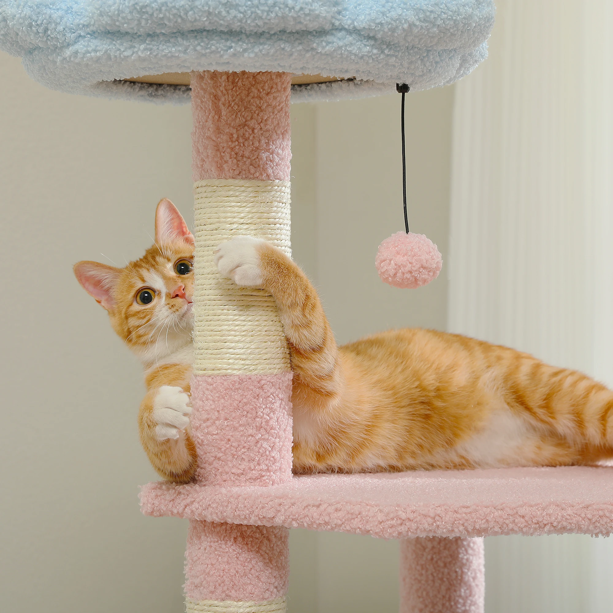 Multi-Level Cat Tower with Sisal Covered Scratching Posts Cute Cat Condo for Indoor Small Medium Cats Pink Top Perch,Ramp