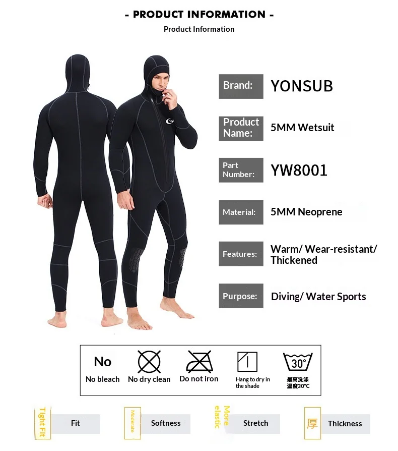 Erwachsenen 5MM Neopren-Tauchanzug mit Kapuze, warmer Ganzkörperanzug zum Tauchen, Surfen, Schnorcheln, Speerfischen, Unterwasserjagd, Schwimmanzug – Detail 4