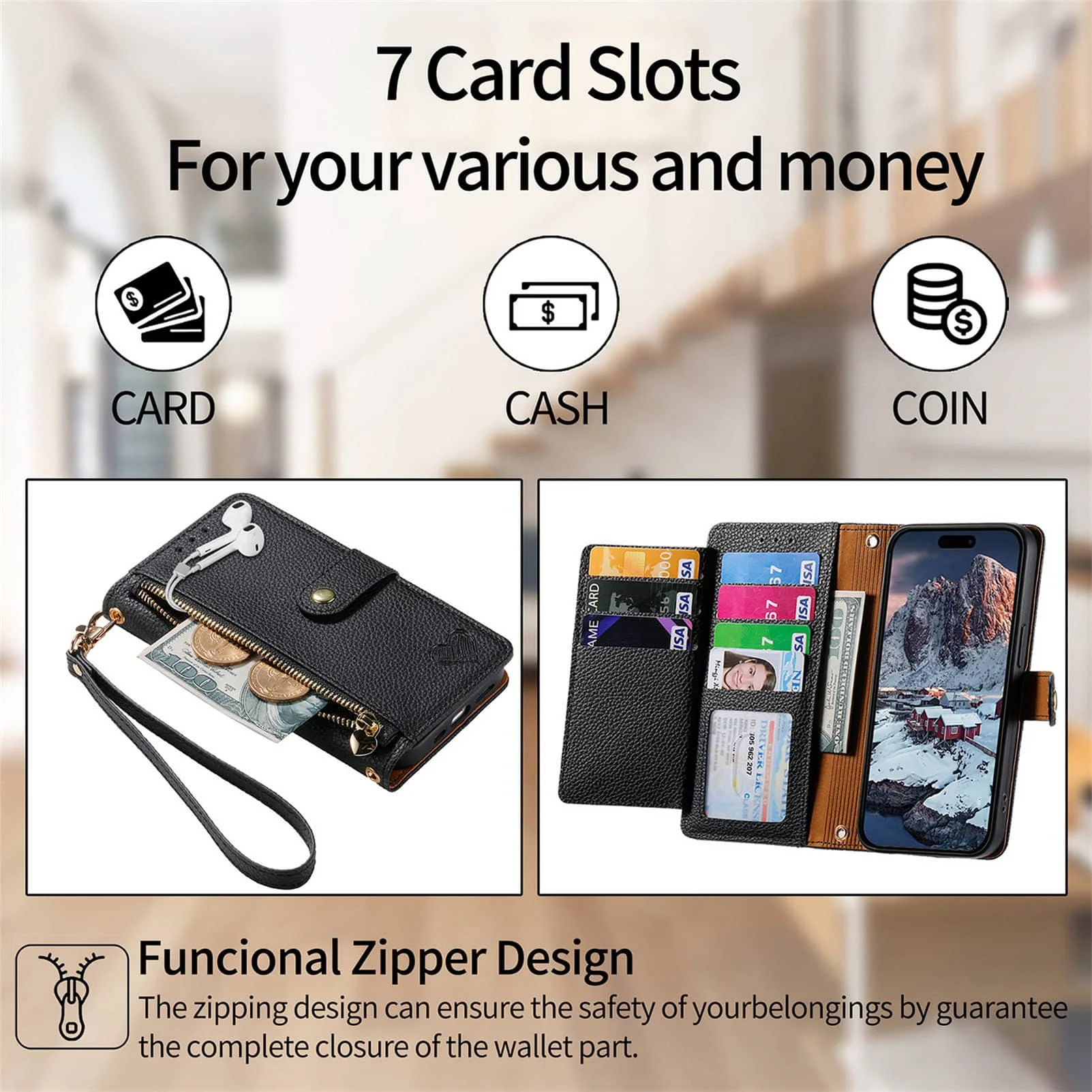 Premium Wallet Case with Zipper Pocket and Wrist Strap - Flip Card Holder Purse