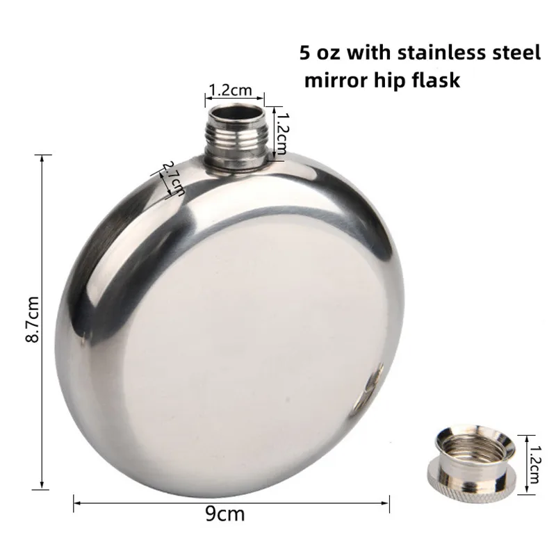 휴대용 원형의 스테인리스 스틸 플라스크, 5 oz, 작은 깔때기 거울, 부드러운 엉덩이 플라스크