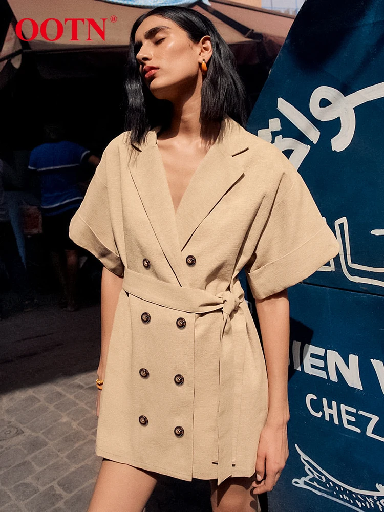

OOTN Office Lady Double Breasted Shirt Dress Summer Khaki Short Batwing Sleeve Dresses Sexy Notched Neck Bandage Mini Dress 2024