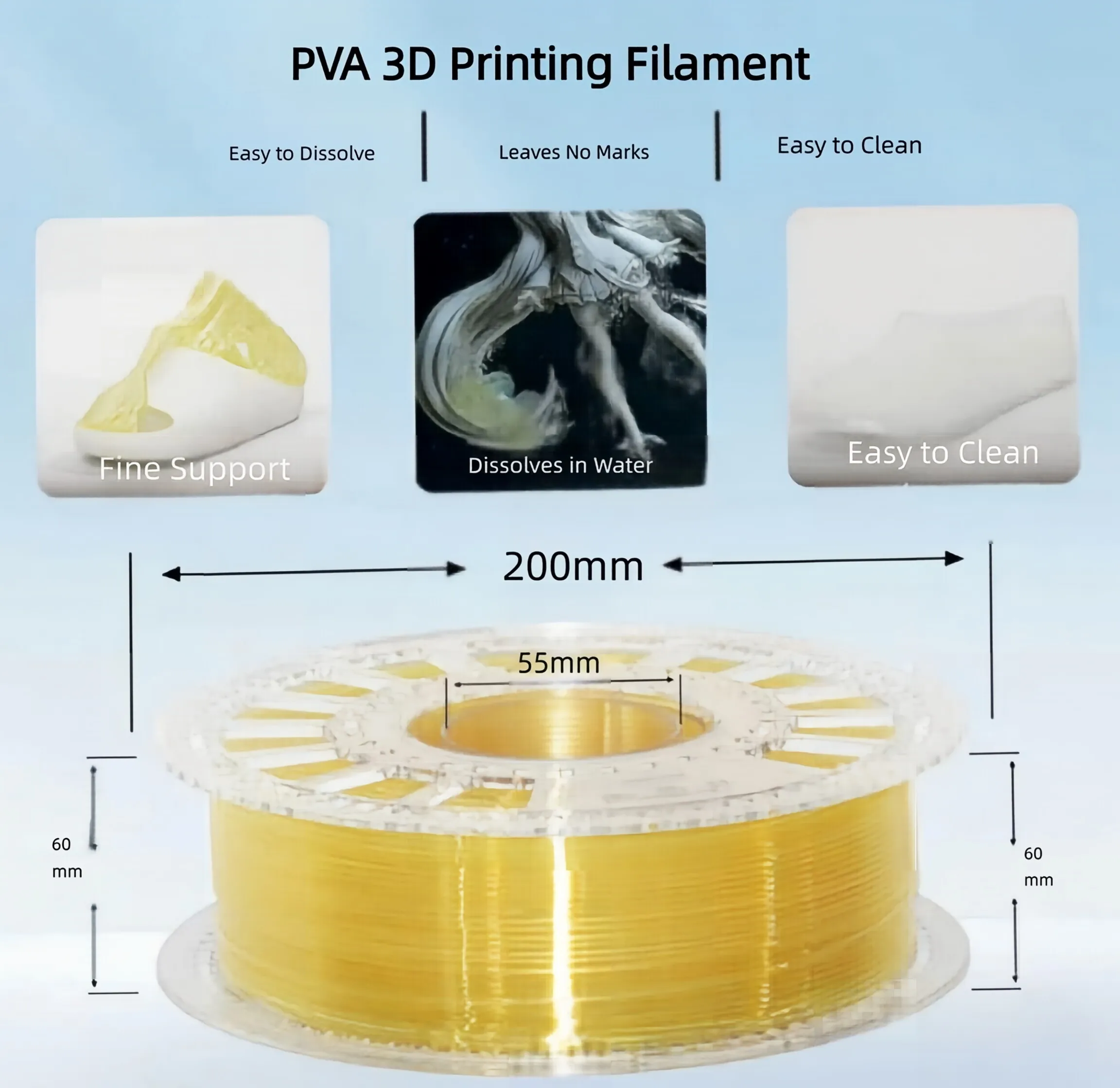 PVA 3D 프린터 필라멘트 수용성 지지재료 1.75mm 간편 제거 용해성 필라멘트 FDM용 고품질 3D 필라멘트