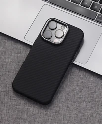 Carbon Fiber Magnetic Case with Alloy Lens Back Cover for Enhanced Wireless Charging Compatibility (TQW Black)