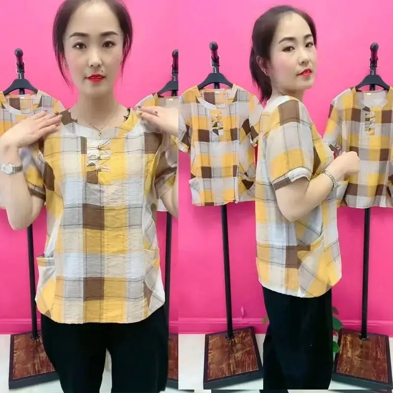 Fashion O-Neck Button Pockets Printed Plaid Blouses Women's Clothing 2024 Summer Loose Short Sleeve Casual Tops Commuter Shirts