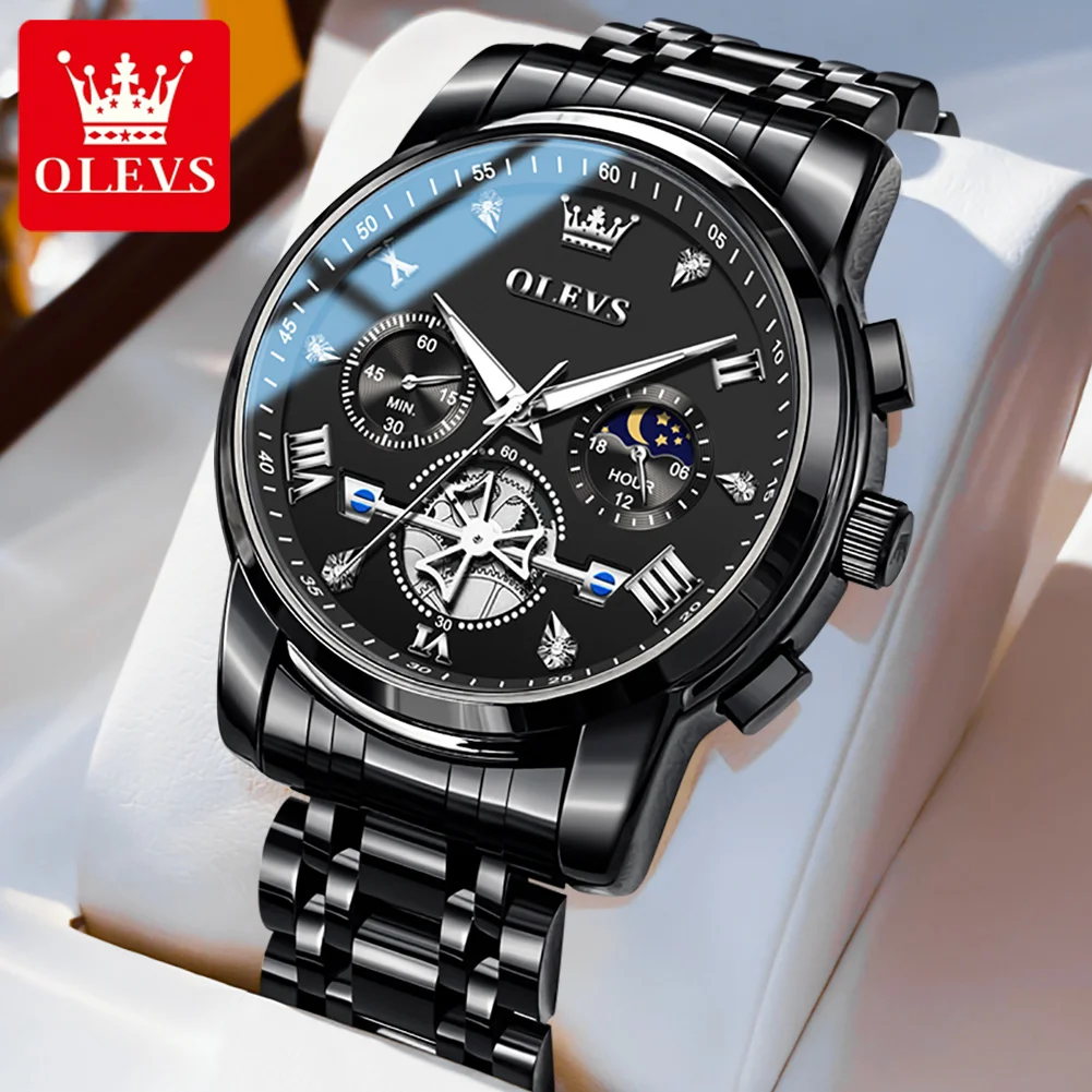 OLEVS Men's Moon Phase Quartz Watch - 30m Waterproof, Luminous Stainless Steel Wristwatch with Genuine Fashion Design, Box Set