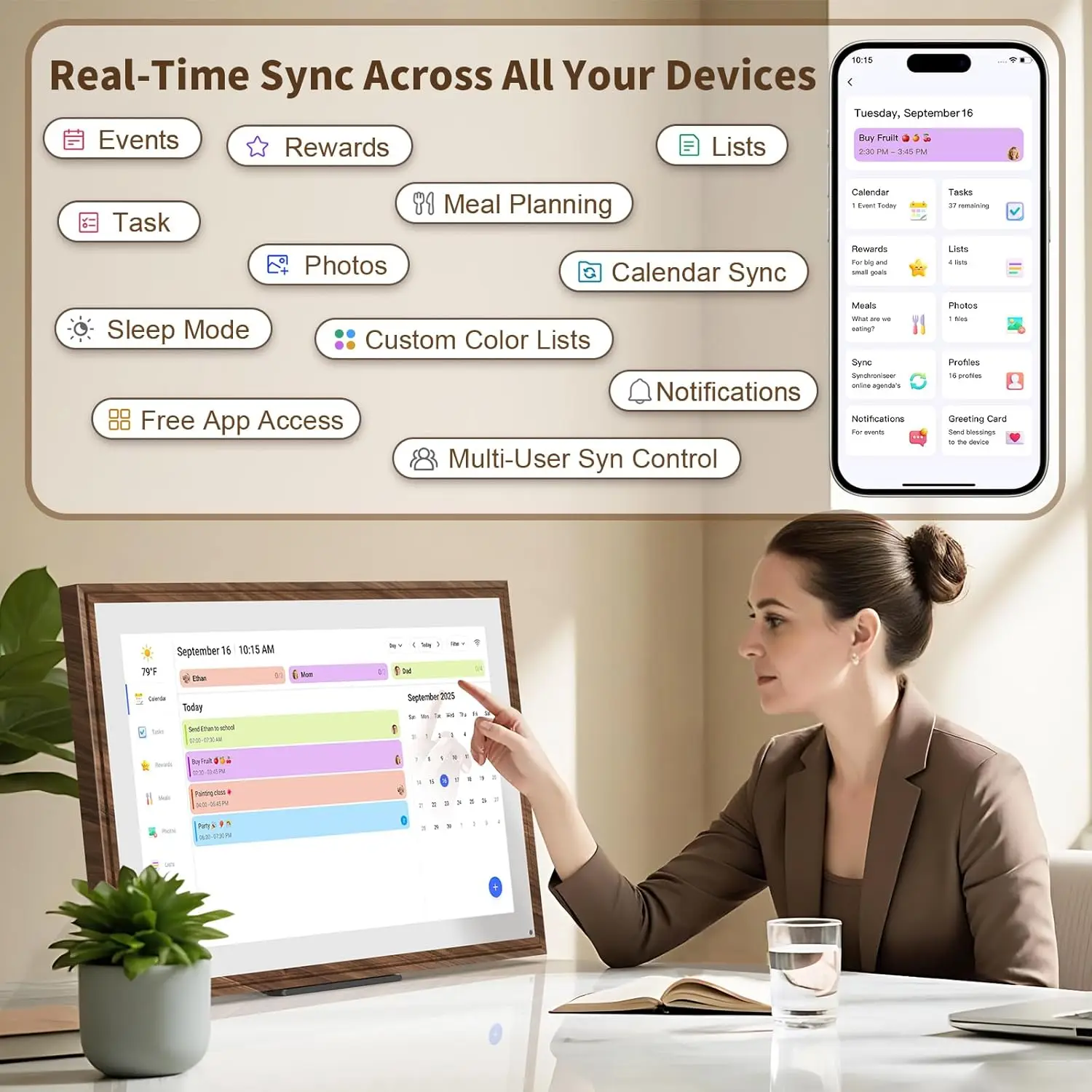 15.6 Inch Digital Calendar Chore Chart with Touchscreen - Full HD Interactive Display, Wall & Desk Mountable Family Planner, to-