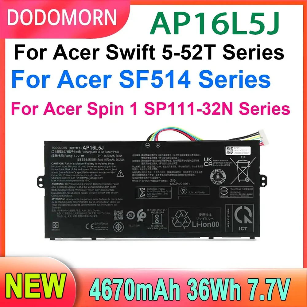 

Аккумулятор DODOMORN AP16L5J 2ICP4/91/91 для ноутбука Acer Swift 5-52T /Spin 1 SP111-32N Series 36Wh 7,7 V Высокое качество