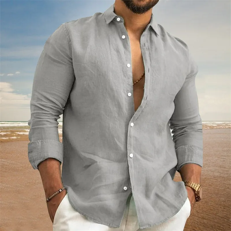 

Cotton Linen Hot Sale Men's Long-Sleeved Shirts Solid Color Stand-Up Collar Casual Style Plus Size Men's Casual Shirts