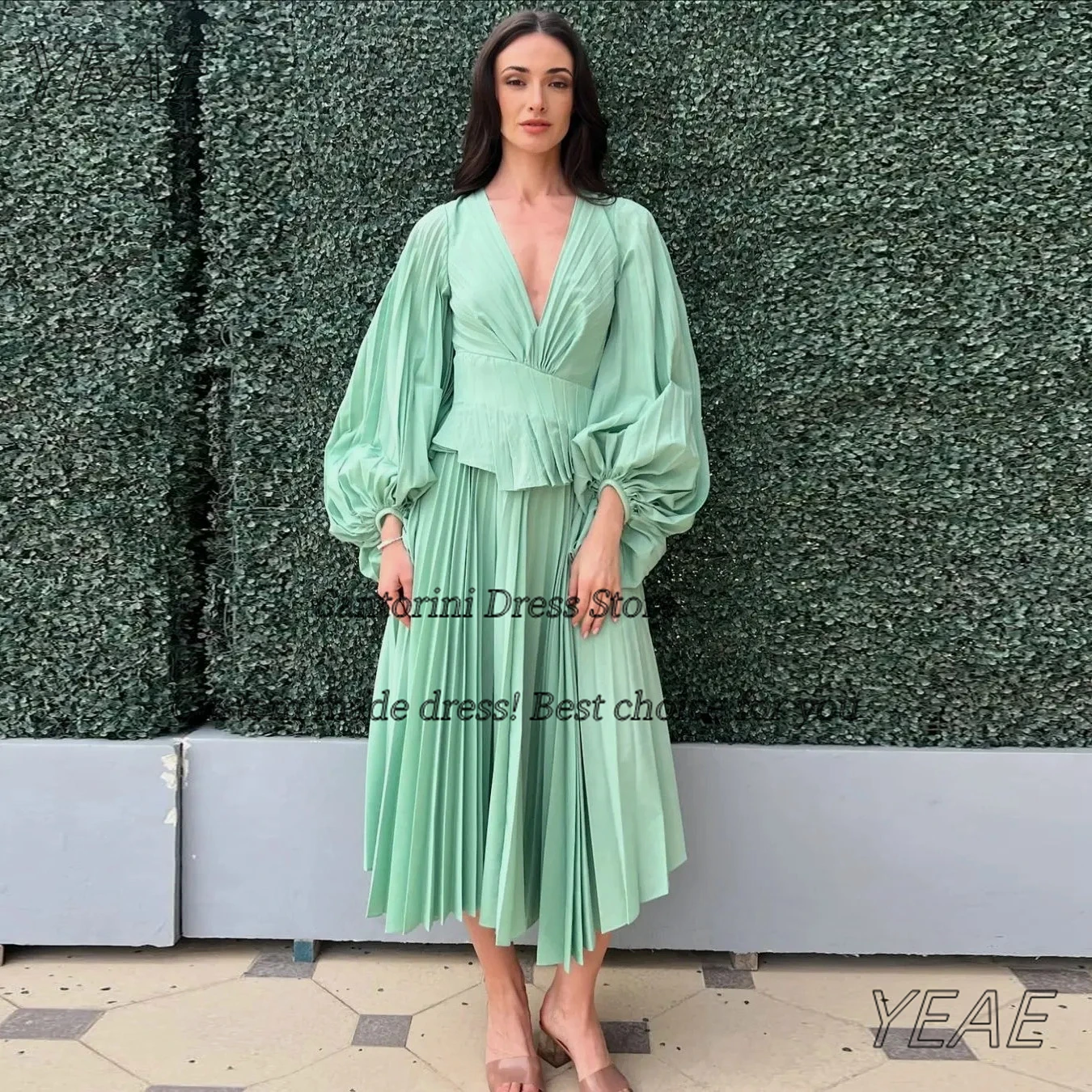 

Santorini Long Sleeves Prom Dresses Sexy Plunging V Backless Mother of the Bride Wedding Party Dress Pleats A Line Evening Gowns
