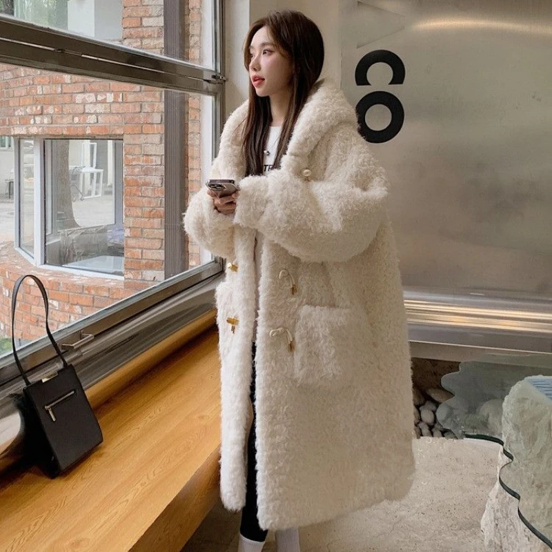 

Women's Long Faux Fur Hooded Coat, Faux Fur Outwear, Horn Button, Long, Below the Knee, Casual, Thick, Warm, Winter Fashion