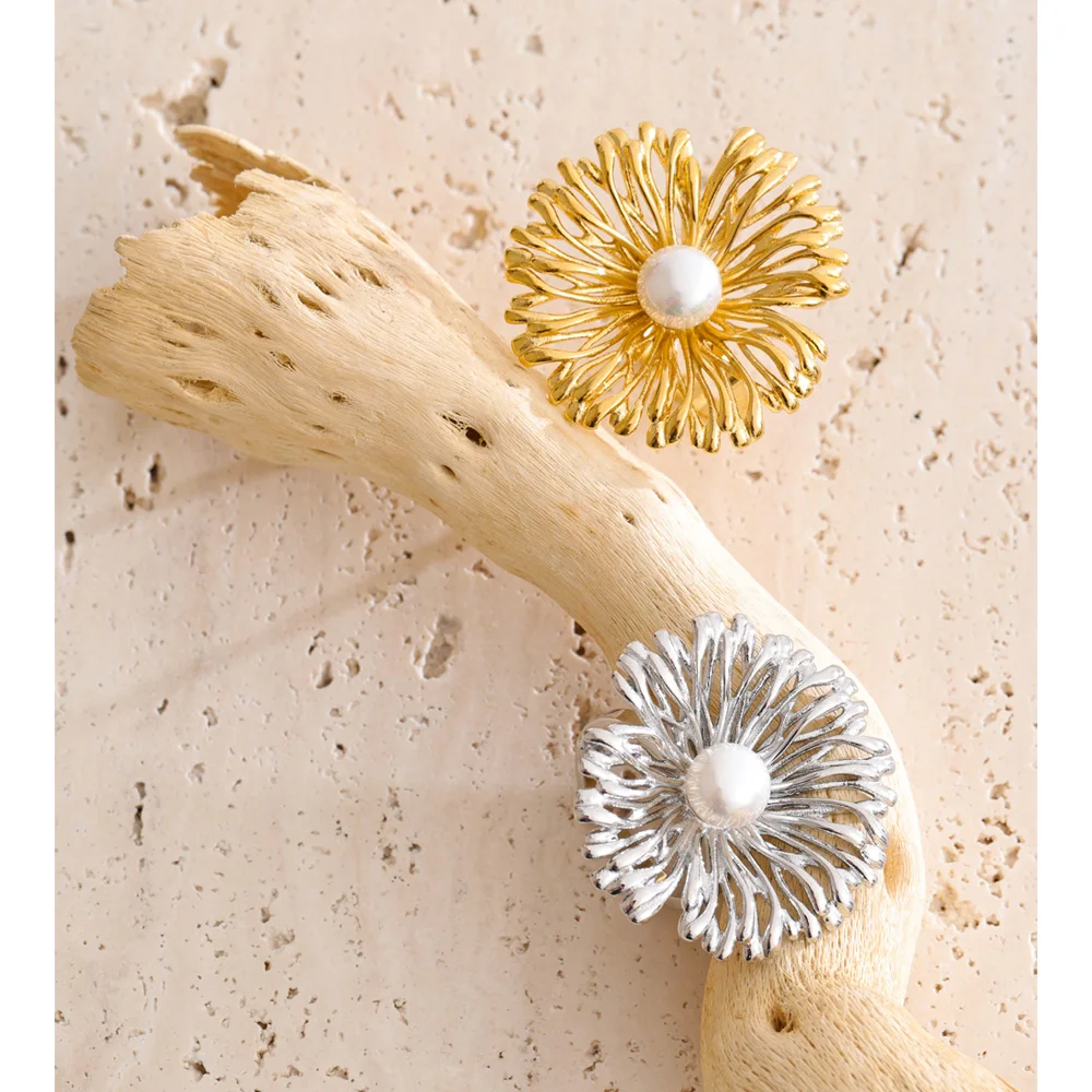 Yhpup Adjustable Ring Stainless Steel Pearl Flower