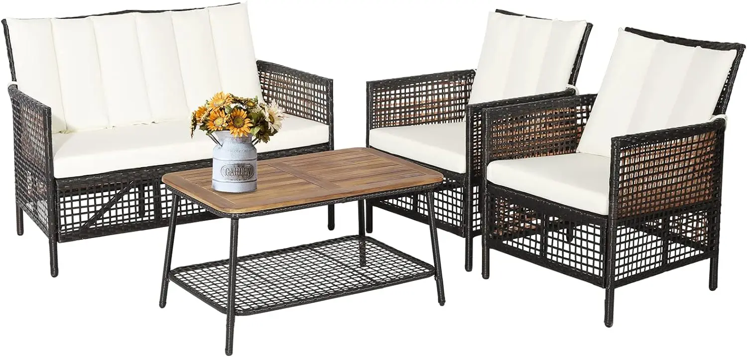 

4 Pieces Patio Furniture Set, Outdoor PE Wicker Conversation Set with 2-Tier Coffee Table, Wood Tabletop & Extra Storage Shelf
