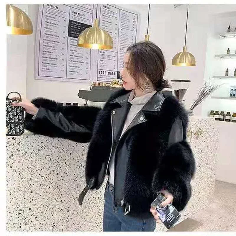 Fashionable warm short fox fur coat and sheepskin leather full fox fur motorcycle jacket luxury women's 2024 winter new