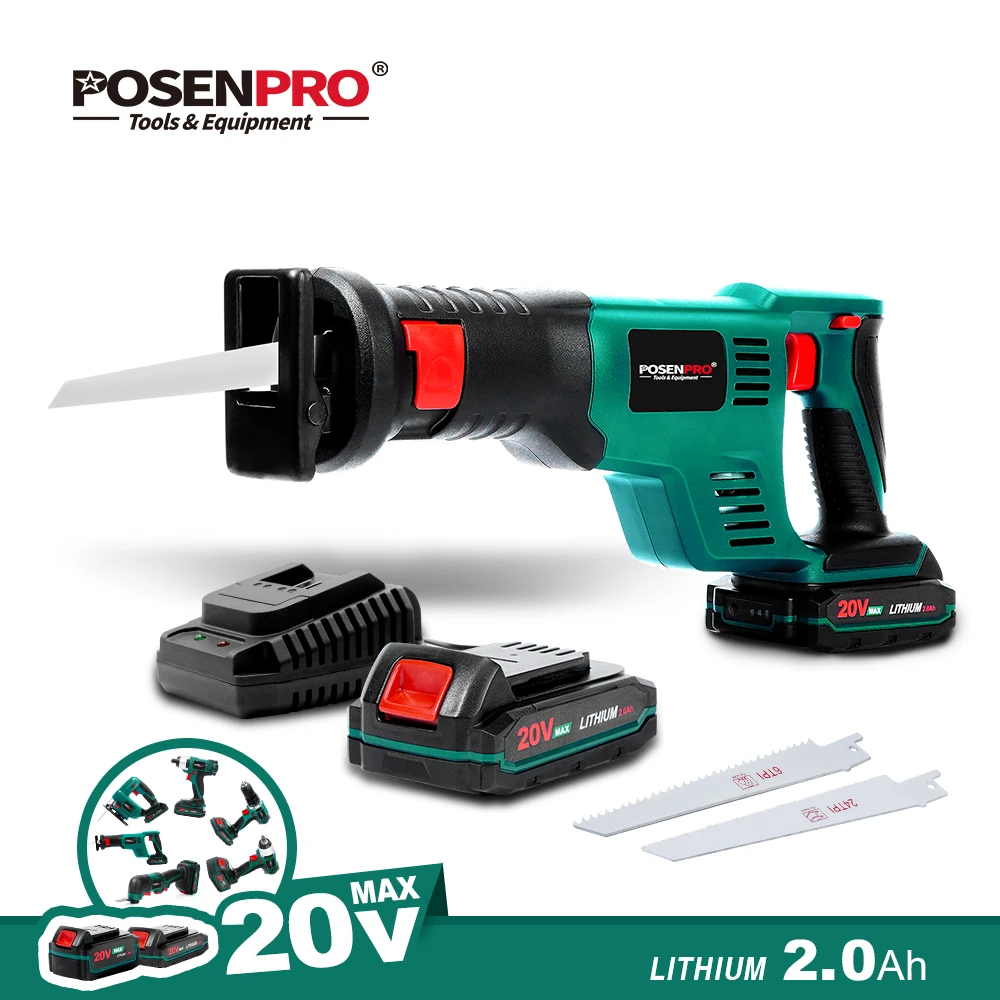 POSENPRO 20V Беспроводная электрическая сабельная пила 2.0Ah батарея 22 мм ход с пилами