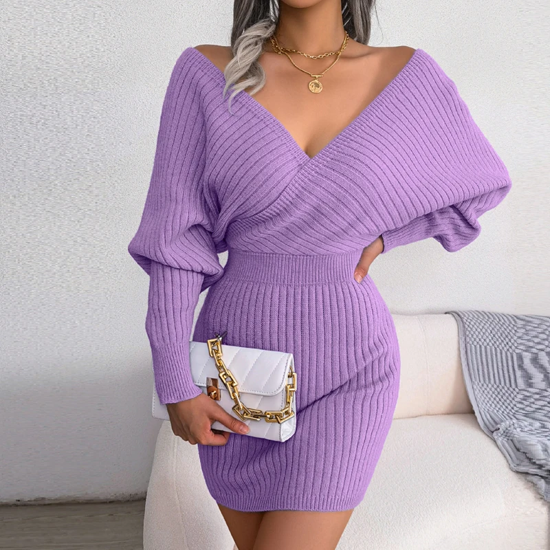 

2023 Autumn Winter New Solid Ladies Pencil Dress Fashion Sexy V-Neck Batwing Sleeve Bodycon Casual Elegant High Waist Dresses