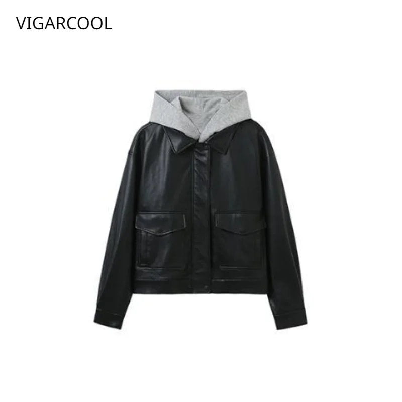 

2023 Spring New Spliced Leather Coat Women's Design Sense Small Classic Versatile Temperament Fake Two Piece Hooded Small Coat
