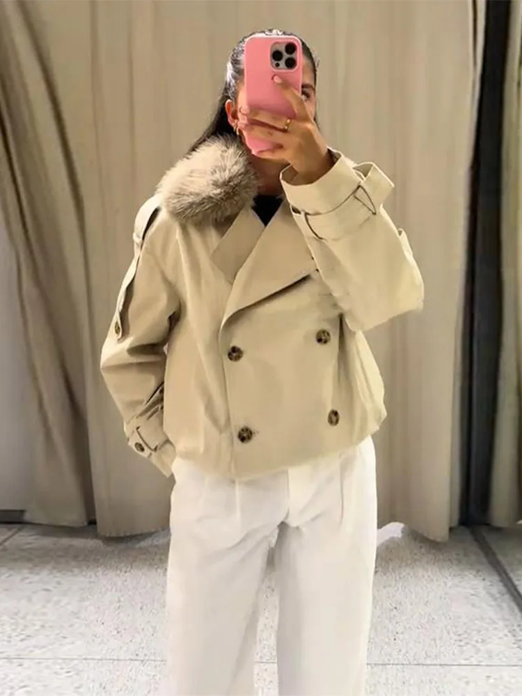 Long Sleeve Jacket Women Cropped Trench Coat Lapel Double