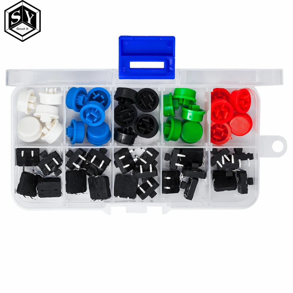 Tactile Push Button Switch 25PCS Tactile Push Button Switch Momentary 12*12*7.3MM Micro switch button + 25PCS Tact Cap(5 colors) for Arduino Switch