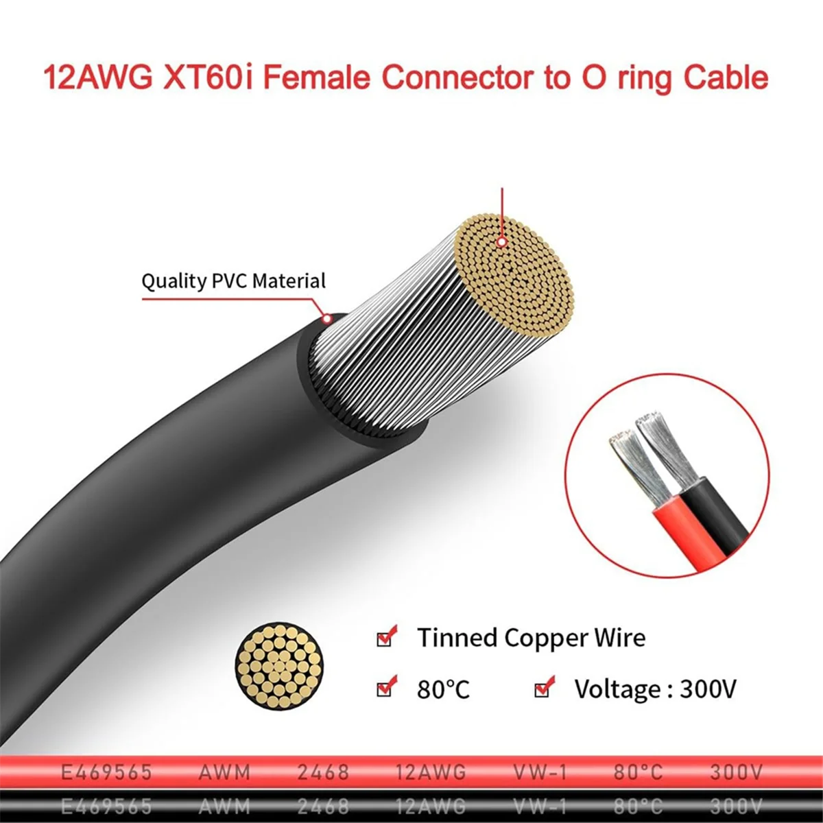 12AWG XT60i Female to O Ring Connector Tinned Wire for RC Battery Solar Portable Power Power Station Solar Pane