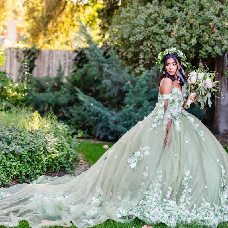 

Sage Green 3D Flowers Floral Appliques Lace Quinceanera Dresses With Cape Ball Gown Lace Up Corset Back Vestidos De 15 XV Anos