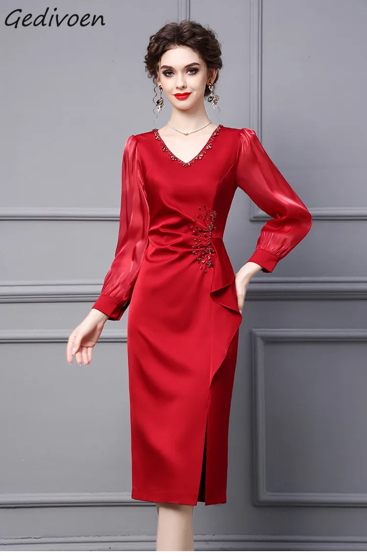 

Gedivoen Fashion Designer Spring Women's Dresses V-Neck High-End Exquisite Nail Drill High-End Medium Length Bag Buttocks Dresse