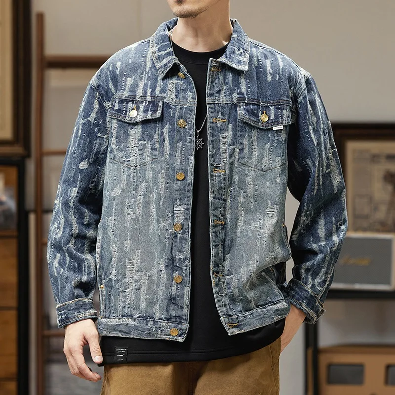 Large size men's fall new products nostalgic jacquard denim jacket men's  loose personality ripped top