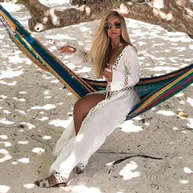 Multiple Circles Lace Beach Dress Bikini Cover Up Dress Women Summer White Boho Solid Colors Cardigan Style Robe Swim Cover Up