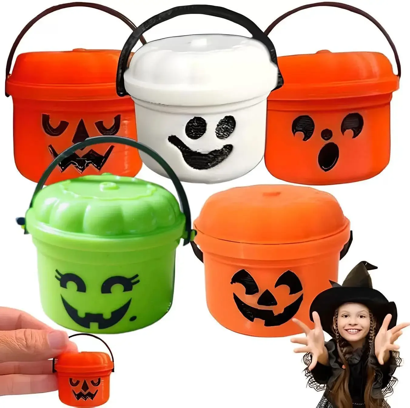 Seau Citrouille Halloween 2025 - Panier à Bonbons Décoratif Orange, Sac De Chasse Aux Bonbons, Anse - 9
