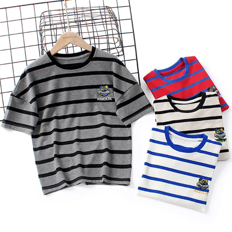 

Kids Summer T-Shirt Striped Tiger Embroidery Design Children Short Sleeve Tops&Tees For Teen Boys Girls 6 8 10 12 14 Year LC529