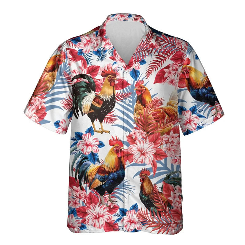 Men's Hawaii Shirt Cock Rooster Colorful Texture Short Sleeve Collar Top Fashion Streetwear 3D Printed Casual Chicken Clothing