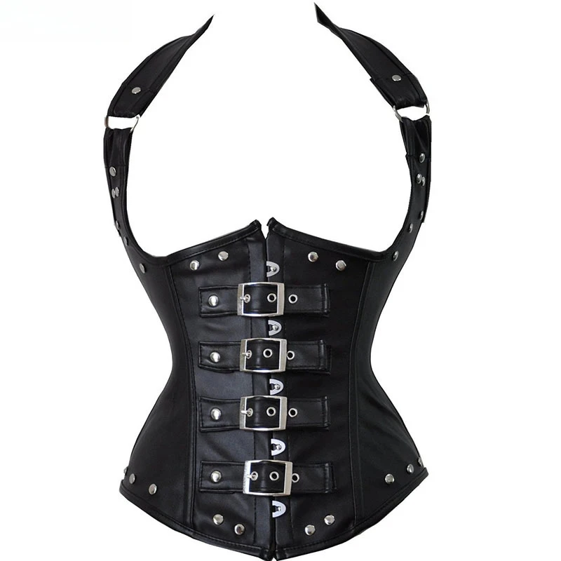 Sexy Leather Bustier Steampunk Corset Steel Boned Corselet Overbust Lace Up Women Vest Waist Cincher Corsets Black Plus Size 6XL