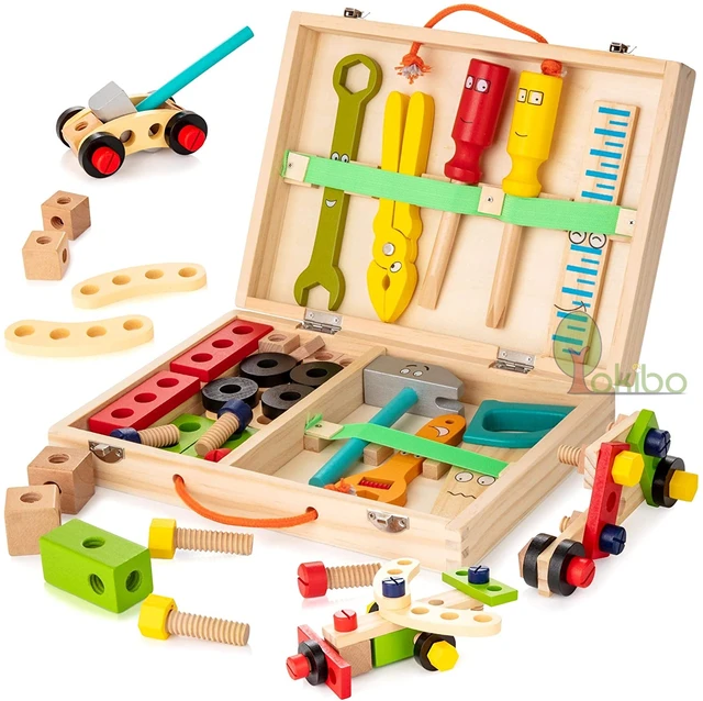 Kids Wooden Toolbox Pretend Play Set Educational Montessori Toys Nut Disassembly Screw Assembly Simulation Repair Carpenter Tool 1