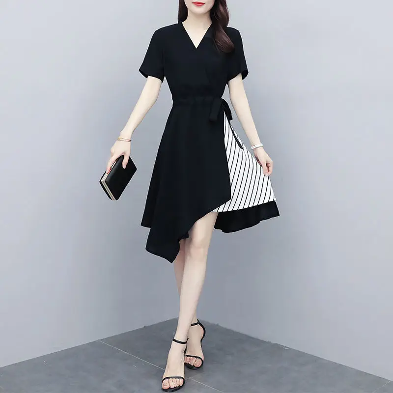 

Temperament Black Ladies Dresses Summer New Short Sleeve Striped Patchwork Loose Lacing Mini Dress Elegant Fashion Women Clothes