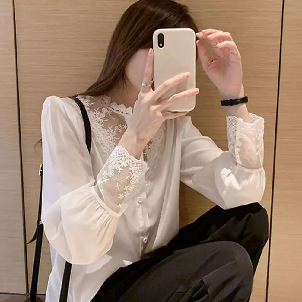 

Women Shirt Floral Embroidered Lace Blouses for Women Elegant Stand Collar Single-breasted Shirts Soft Solid for Ol for Women