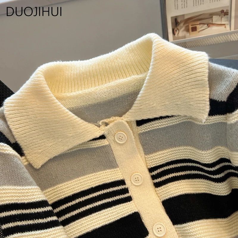 DUOJIHUI 여성용 시크 스트라이프 심플 루즈 스웨터 가디건, 가을 기본 긴팔 패션, 대비 색상, 캐주얼 여성 가디건