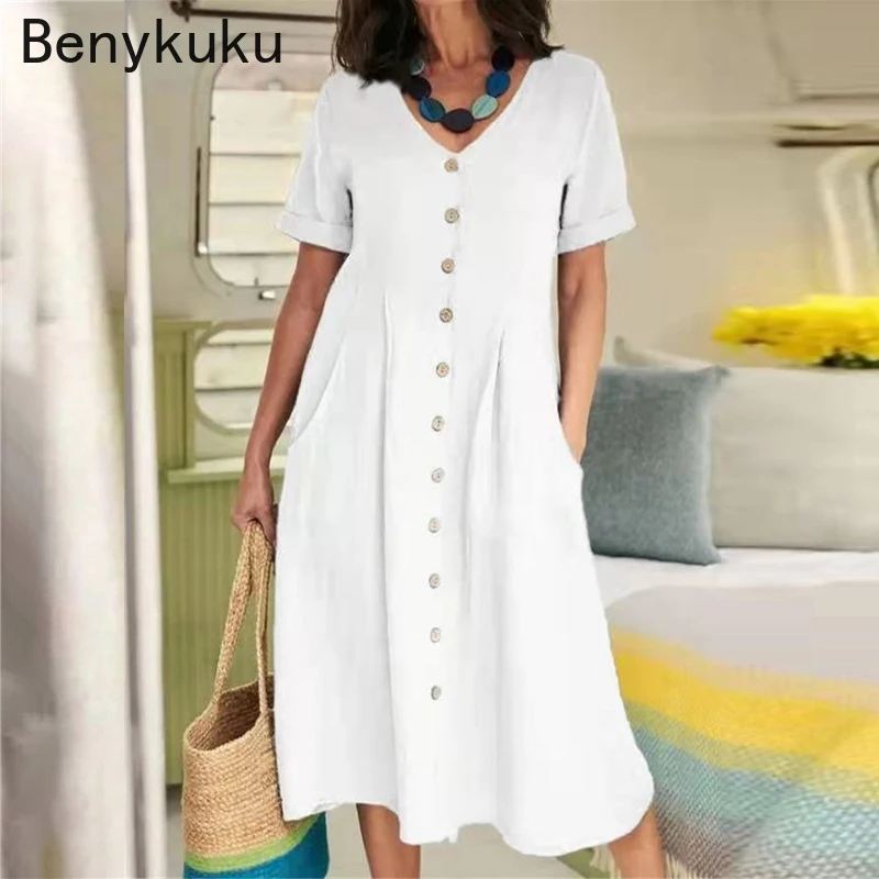 

Summer Casual V Neck Short Sleeve Cotton Linen Midi Dress Solid Loose High Waist Elegant Boho Dresses Vestidos Women's Clothing