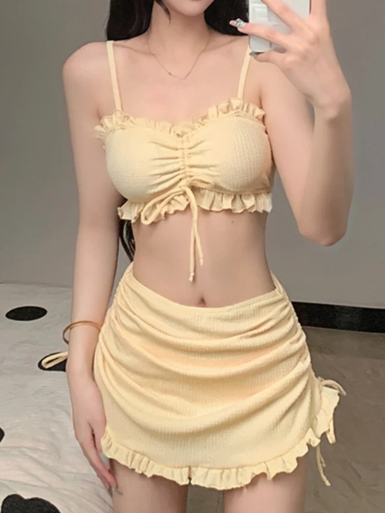 

Swimsuit Beach Bikini Sets Women's Three Piece Solid Short Skirt Backless Draw String Swimwear Lace-up Sleeveless Bathing Suits