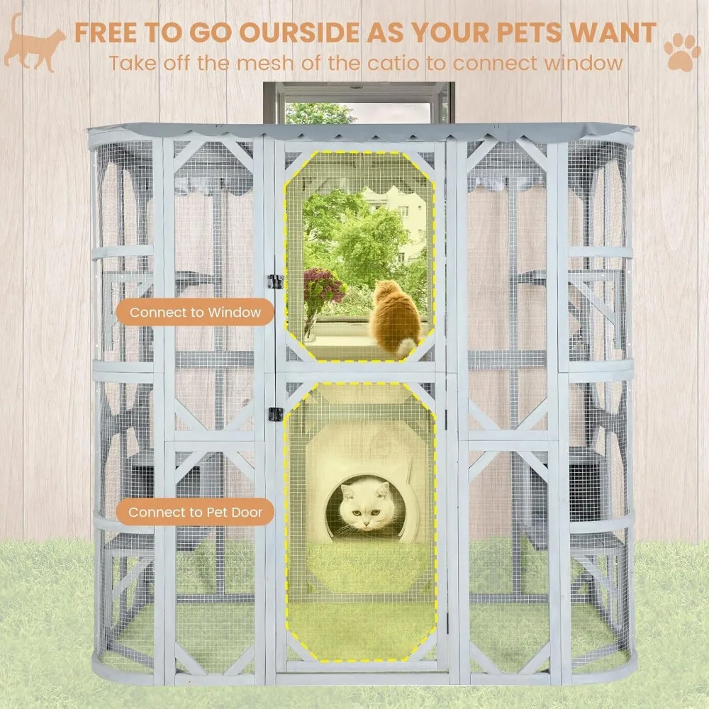 Outdoor Cat House with Weatherproof Roof，Large Catio Cat Enclosure for Multiple Cats Life Walks in Cage & Run