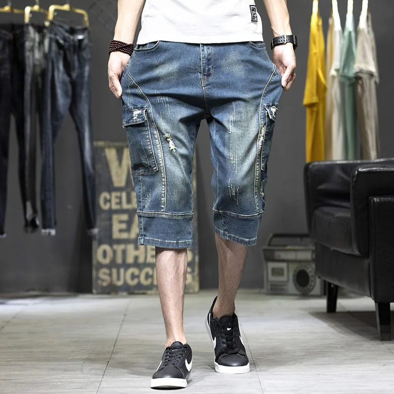 thumbnail image 1 of Pantalones cortos de mezclilla para hombre, hasta la rodilla, bermuda corta, pantalones vaqueros cortos para hombre con bolsillos, pantalones cortos de lujo azules, ropa de calle fina, talla XL, 1 of 5