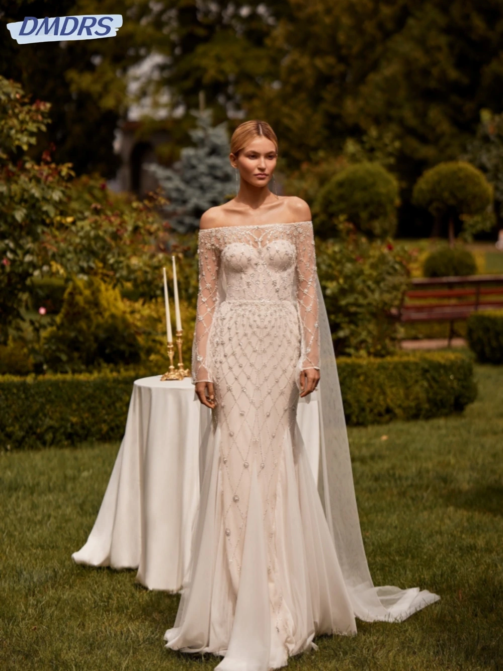 

Graceful Off The Shoulder Bride Robe Sparkly Sequins Pearls Bridal Gown Classic Straight Long Wedding Dress Robe De Mariée