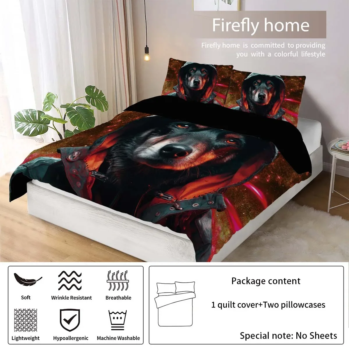 3-piece down duvet cover set with domineering dog pattern print (1 duvet cover+2 pillowcases, no core) bedding set