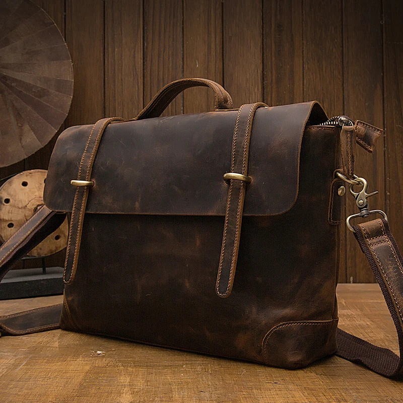 Handmade Crazy Horse Leather Shoulder Bag For Men Genuine Leather Cross body Bag Vintage Briefcase Cowhide Office Messenger Bag 2