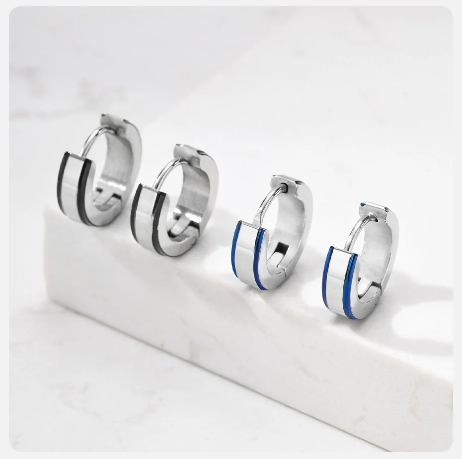 Vnox Einfache kleine Creolen, schwarze Linien Edge Huggies Ohrringe, wasserdichte Damen Herren Edelstahl Piercing Ohrringe – Detail 5