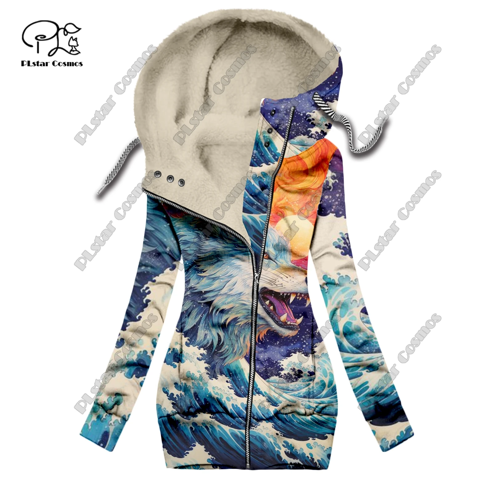 New 3D printed animal series wolf pattern velvet warm women's long zipper hoodie jacket commuting casual winter L-2